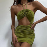 Minivestido fruncido con escote halter y aberturas Fever Ring